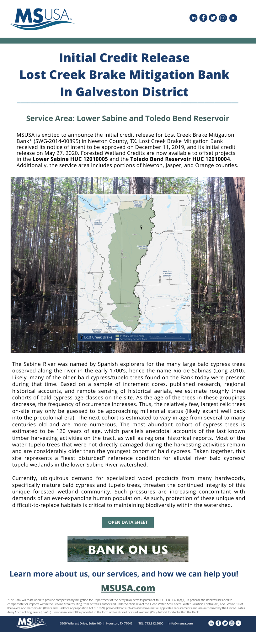 Initial Credit Release Announcement – Lost Creek Brake Mitigation Bank, located in Newton County, Texas, has received its initial credit release on May 27, 2020.