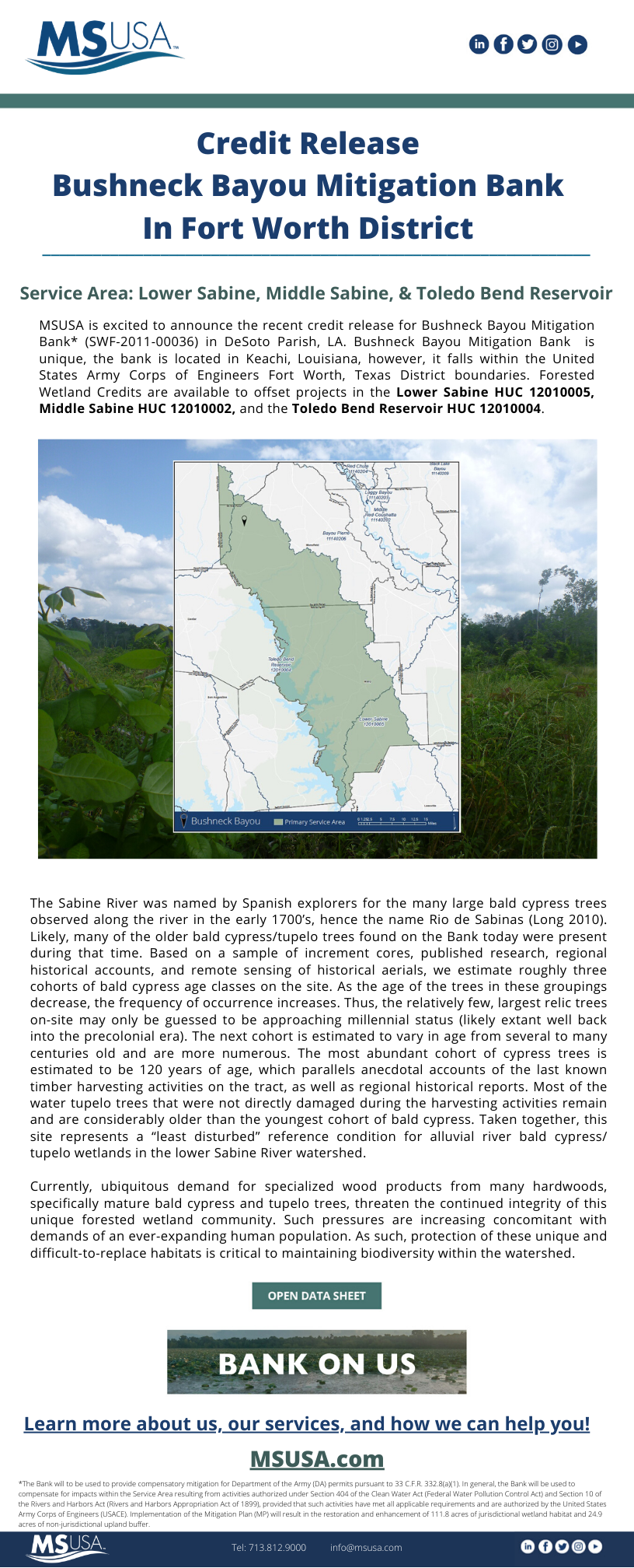 Credit Release Announcement – Bushneck Bayou Mitigation Bank, located in DeSoto Parish, Louisiana, has received a credit release on June 24, 2020.