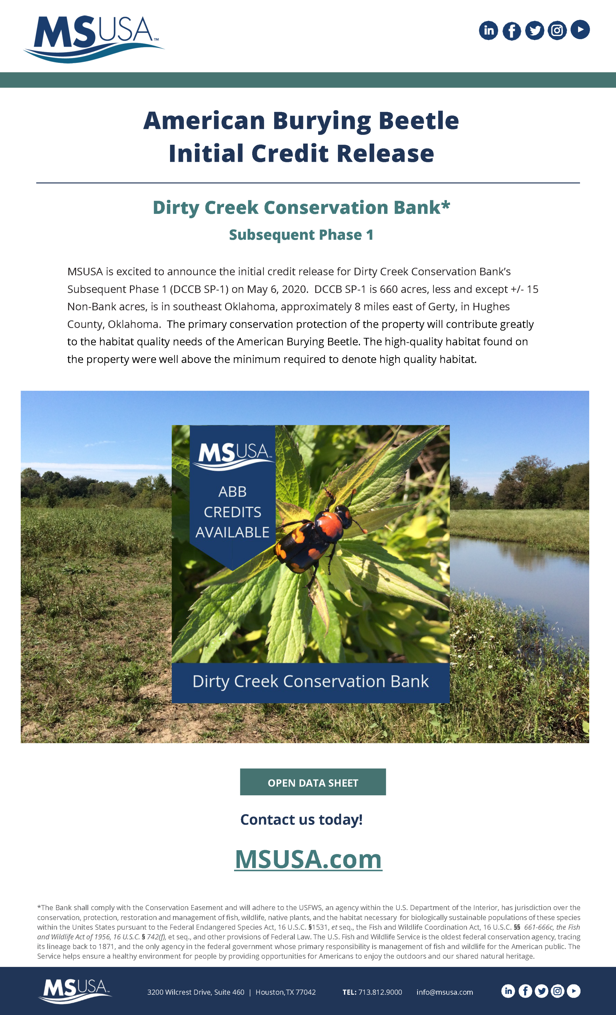 Initial Credit Release Announcement – Dirty Creek Conservation Bank SP-1, located in Hughes County, Oklahoma, has received its initial credit release on May 6, 2020.