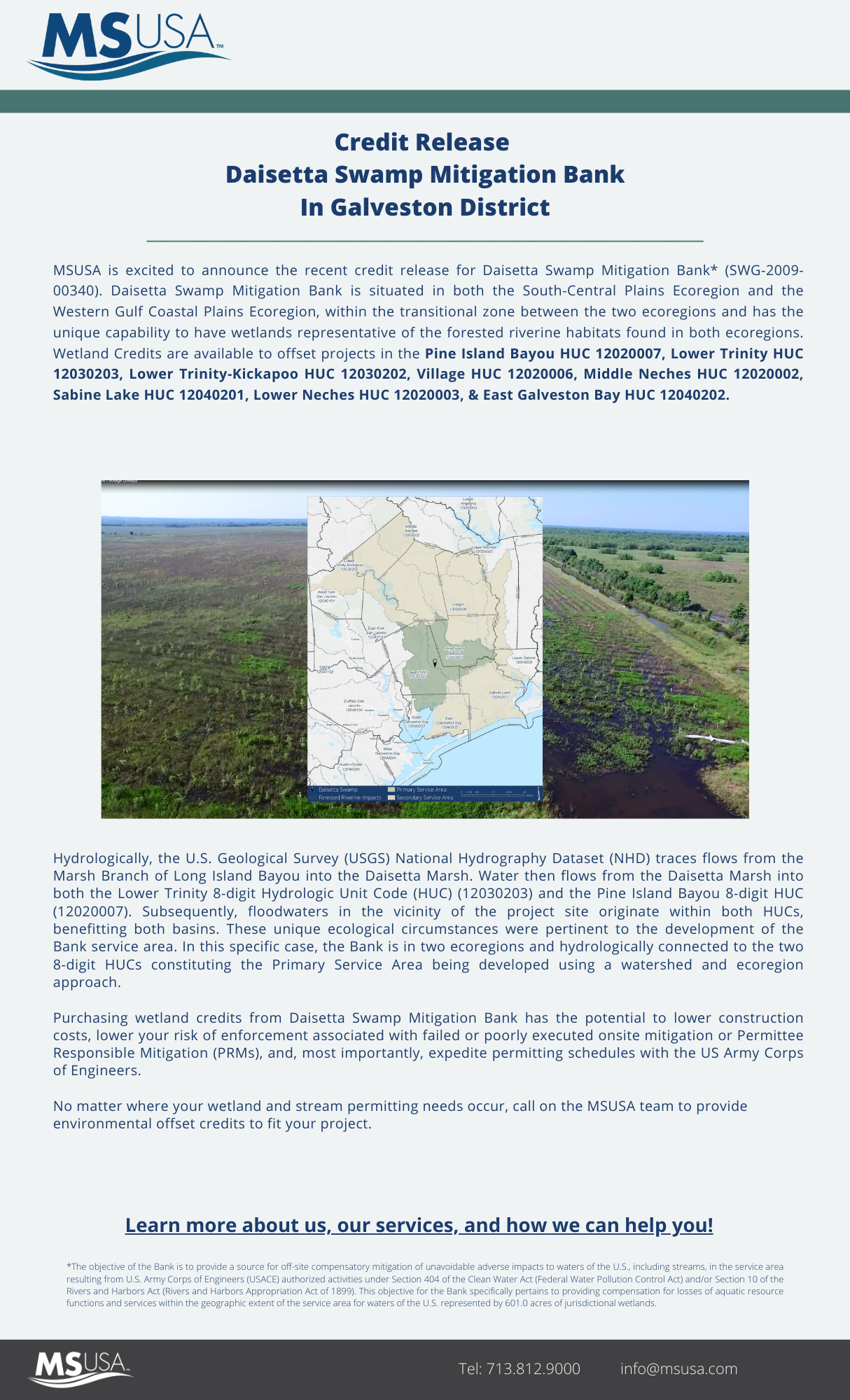 Credit Release Announcement – Daisetta Swamp Mitigation Bank, located in Liberty County, Texas, has received a credit release on July 30, 2021.